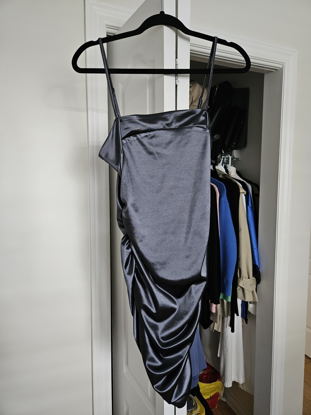Satin Ruched Slip Dress - Blue Charcoal